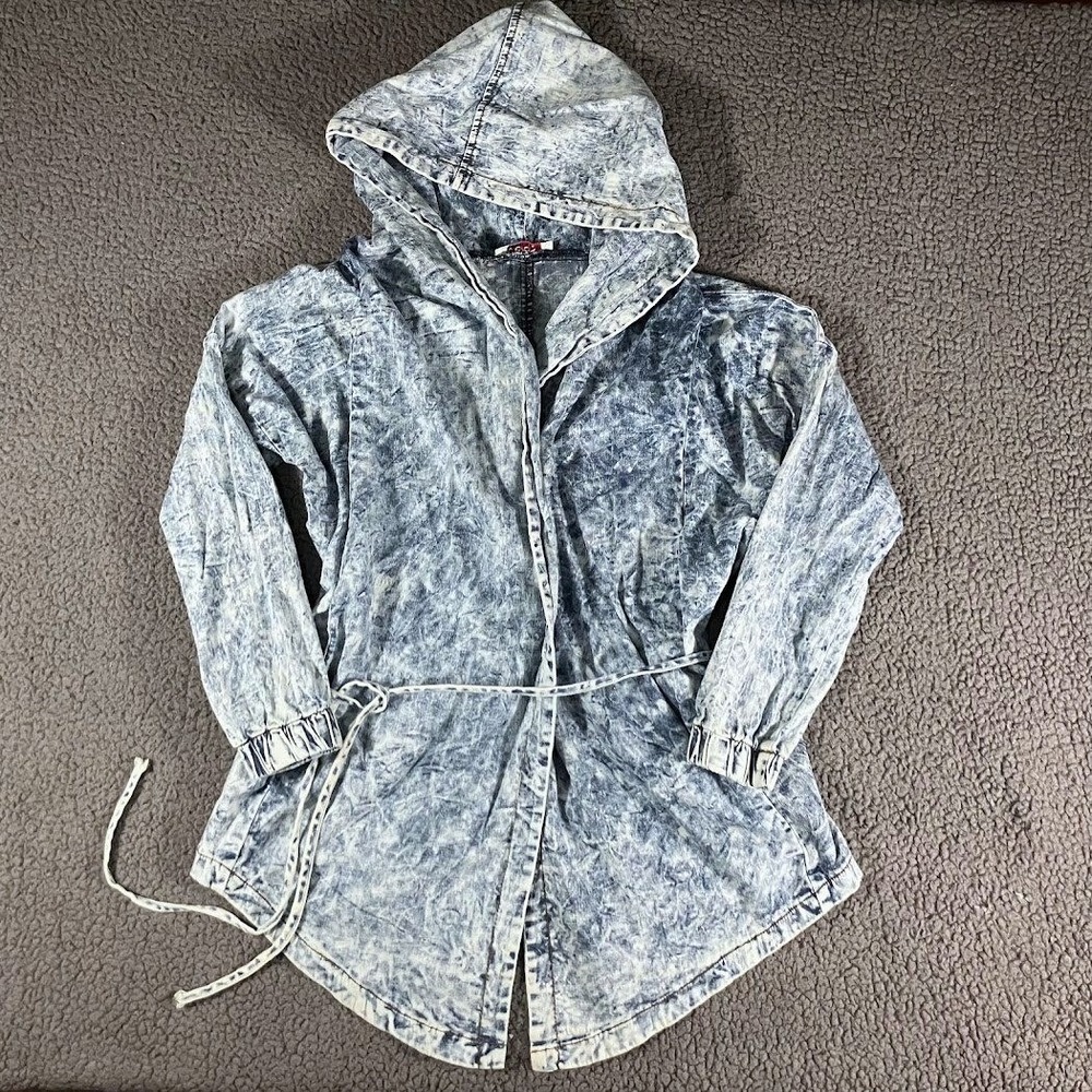 Vibrant MIU Womens Acid Wash Denim Hooded Jacket Medium Blue Cinched Waist J366